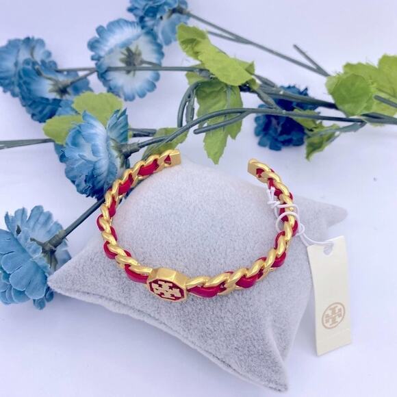NWOT Tory Burch Gemini Red Leather Cuff Bracelet - Picture 3 of 7